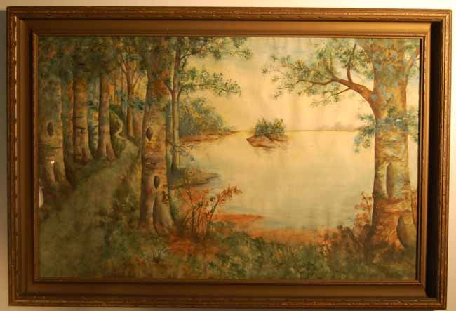 Unsigned Watercolor: Birch trees along lake, 1930's vintage. Sight size 17 3/4 x 28". Overall size 21 1/2" x 32". Some wrinkling in paper. Original period frame (From an upstate NY Doctor's Estate that has been untouched 