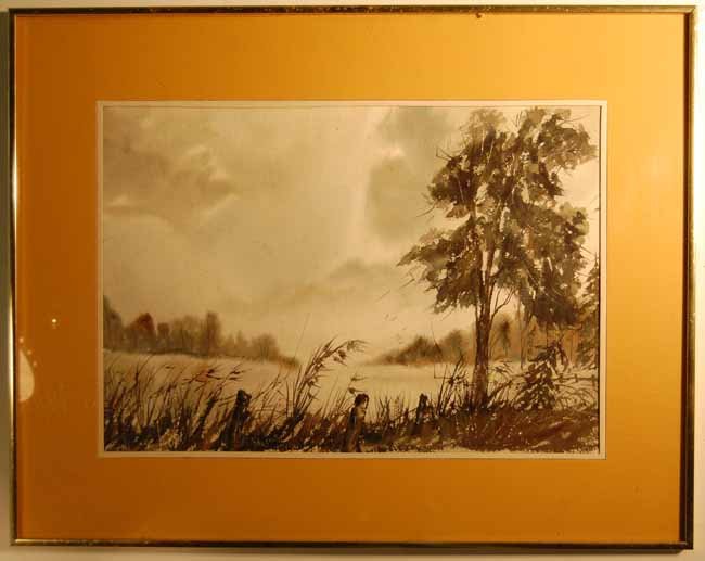 Marie Nugent (Oswego, NY) Watercolor: Titled "End of a Storm". Dated 1974. Sight size 14 1/4" x 20 1/4". Overall size 22 1/4" x 28 1/4". Some foxing in sky. (From an upstate NY Doctor's Estate that has been untouched for over a decade)