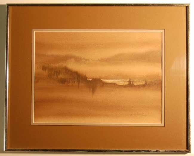 Robert Plumb Watercolor: Adirondack Landscape, brown painting and mat. Sight size 10" x 14". Overall size 16 1/4" x 20 1/4" (From an upstate NY Doctor's Estate that has been untouched for over a decade)