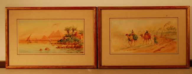 Pair of A. Turner Watercolors: One painting with sailboats & pyramids. The other has camels with packs on dirt road. Sight size 6" x 11 3/4". Overall size 11 1/4" x 16 3/4" (From an upstate NY Doctor's Estate that has been untouche