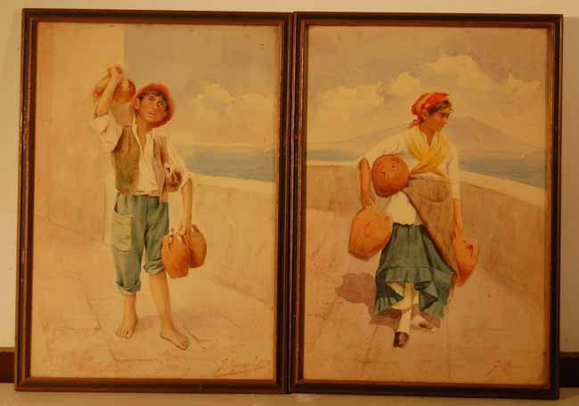 Gaetano Esposito (1858-1911): Pair of watercolors in matching frames of young man and woman each carrying clay vessels. Sight size 9 1/2" x 13 3/4". Overall size 10 1/2" x 15". (From an upstate NY Doctor's Estate that has been unt