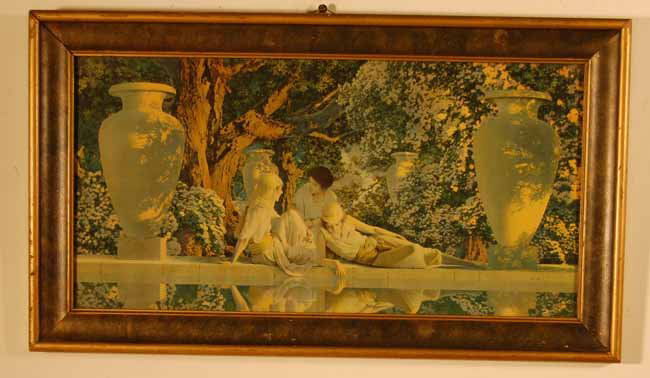 Maxfield Parrish Print: Three women lounging. Sight size 8 3/4" x 17 3/4". Overall size 12" x 21" (From an upstate NY Doctor's Estate that has been untouched for over a decade)
