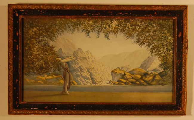 Maxfield Parrish Style Print: Original frame. Sight size 9 1/2" x 17 1/2". Overall size 12 1/2" x 20 1/2" (From an upstate NY Doctor's Estate that has been untouched for over a decade)