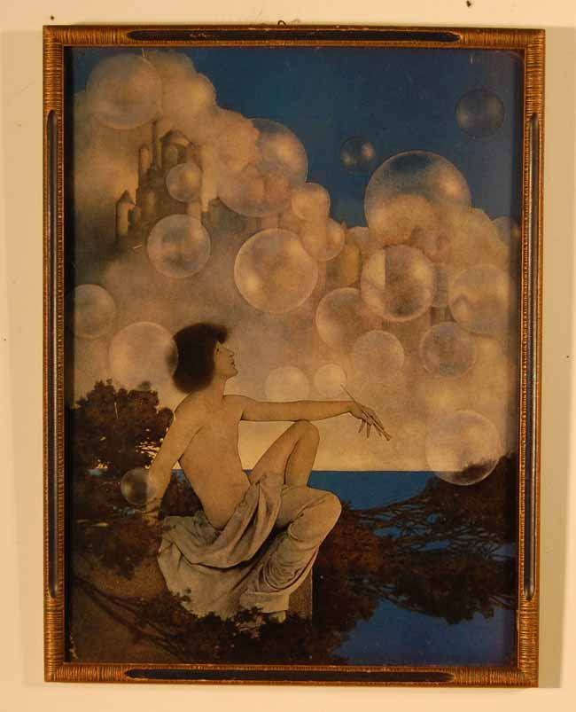 Maxfield Parrish Style Print: Boy with bubbles. Sight size 15 3/4" x 11 3/4". Overall size 16 3/4" x 12 3/4" (From an upstate NY Doctor's Estate that has been untouched for over a decade)