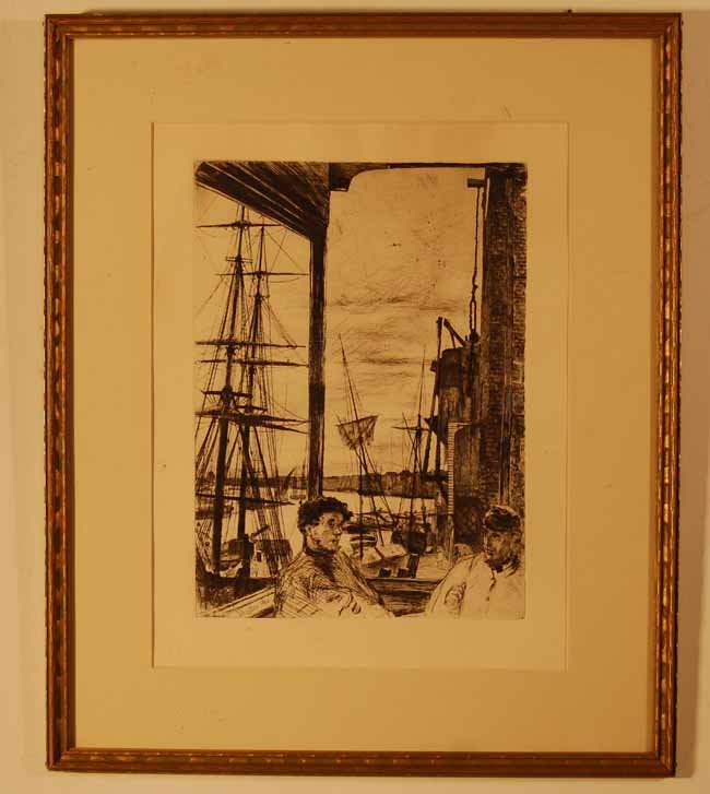 James A McNeill Whistler: Etching of shipyard with 2 men. Sight size 9 1/2" x 12 3/4". Overall size 18 3/4" x 14 3/4" (From an upstate NY Doctor's Estate that has been untouched for over a decade)