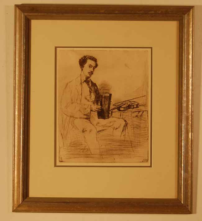 James A McNeill Whistler: James Abbott McNeill Whistler (1834-1903). Man with violin print. Sight size 10" x 8". Overall size 18 1/4" x 15 3/4"(From an upstate NY Doctor's Estate that has been untouched for over a decade)