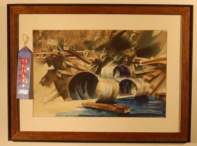 Leroy Madison Watercolor: Titled "Washout at Rollins Pond". Overall size 21" x 28". Merit Award 1989 Old Forge Exhibit
