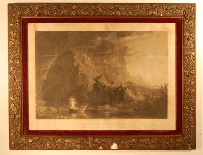 Thomas Cole Print: Engraving done by James Smillie. Titled "The Voyage of Life - Childhood". Sight size 18 1/2" x 25 3/4". Overall size 25" x 32 1/4" (From an upstate NY Doctor's Estate that has been untouched for over