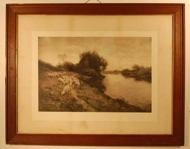 John Willard Rought Etching: Black & white of sheep grazing in a walnut Victorian frame. Sight size 13 3/4" x 21". Oveall size 26" x 33" (From an upstate NY Doctor's Estate that has been untouched for over a decade)