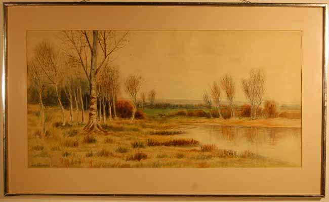 Geo Howell Gay Watercolor: George Howell Gay (1858-1931). Field with pond and treees. Sight size 13 1/2" x 27". Overall size 19 1/2" x 32 1/4". (From an upstate NY Doctor's Estate that has been untouched for over a decade)