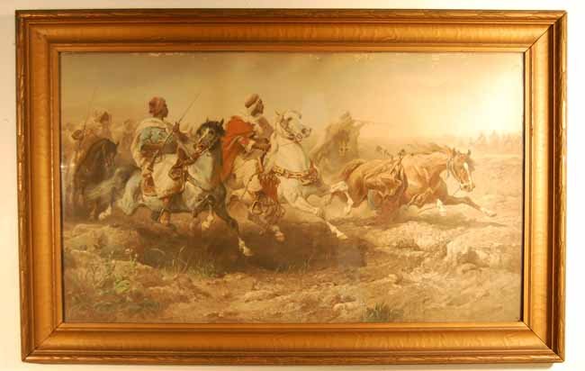 Adolph Schreyer Print: Adolph Schreyer (1828-1899) Arabians fighting on horseback. Sight size 19 3/4" x 34". Overall size 25 1/2" x 40". Color loss and flaking across top border (From an upstate NY Doctor's Estate that has 