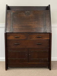 Rare Gustav Stickley Drop Front Writing Desk: original finish, large red decal, original hardware, very good condition with wear to be expected. This piece has been owned by the same New England family since the early 1970s. 33" x 48" x 14.