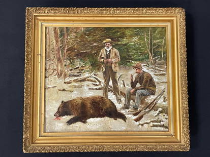 Bear Hunters Oil on Canvas Painting: after A.B. Frost "Success" signed and in a gold frame, good condition. 17 1/4" x 15 1/4"