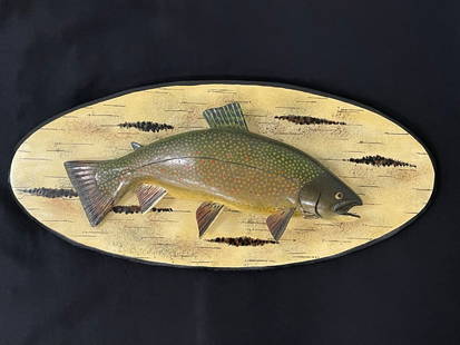 Lawrence C. Irving Carved & Painted Trout: on an oval painted plaque. Winthrop, ME. Plaque is 23 1/2" long.