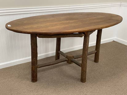 Old Hickory Oval Dining Room Table: 36" x 66" x 30 1/2" tall, oak top, original finish, some surface wear and stains, sturdy. From a camp on Lake Pleasant. Circa 1930s