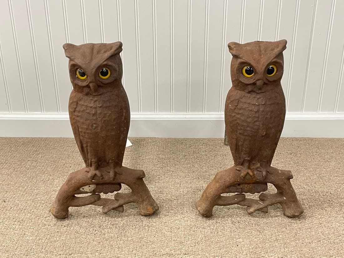 Pair of Owl Glass Eye Fireplace Andirons (1 of 4)