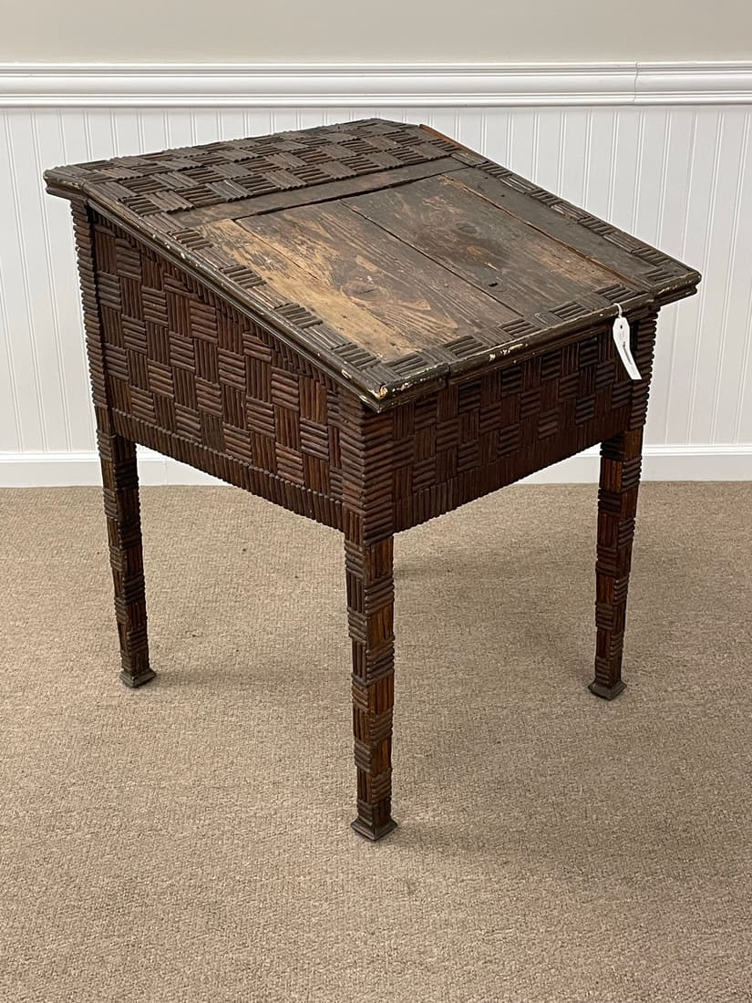Adirondack Mosaic Lift Top Desk: late 1800s. with a slant top and tapered legs. Originally from the Ralph Kylloe collection. 25 1/2" x 25" x 32 1/2" tall.