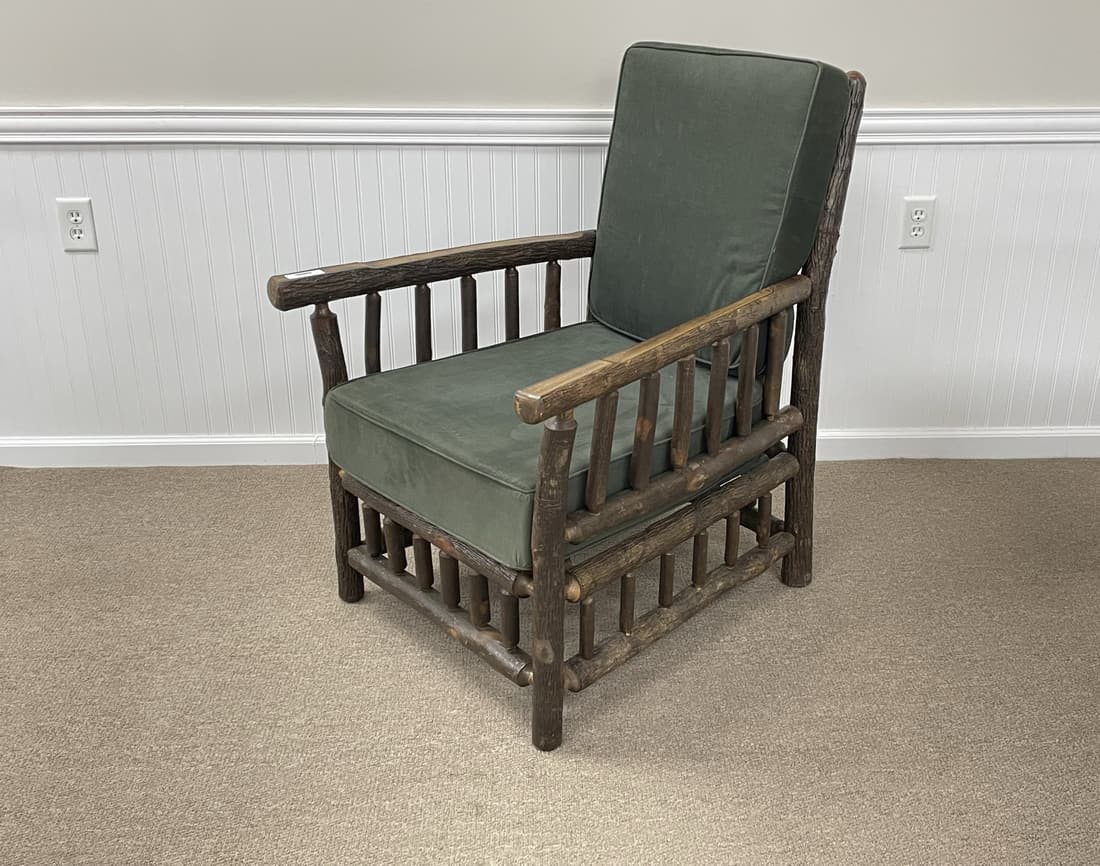 Old Hickory "Grove Park Inn" Arm Chair: with green upholstered cushions. In excellent condition.