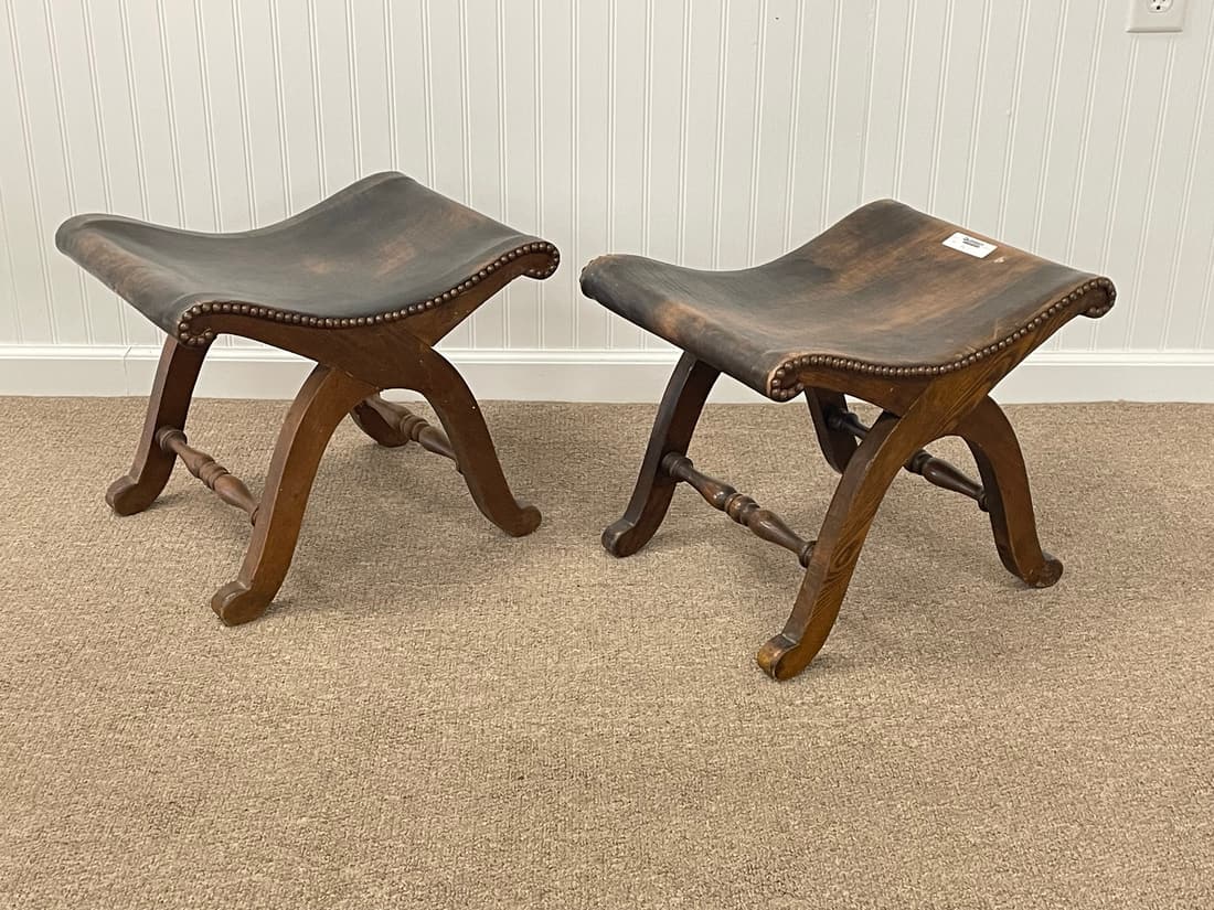 Pair of Oak & Leather Foot Stools (1 of 4)