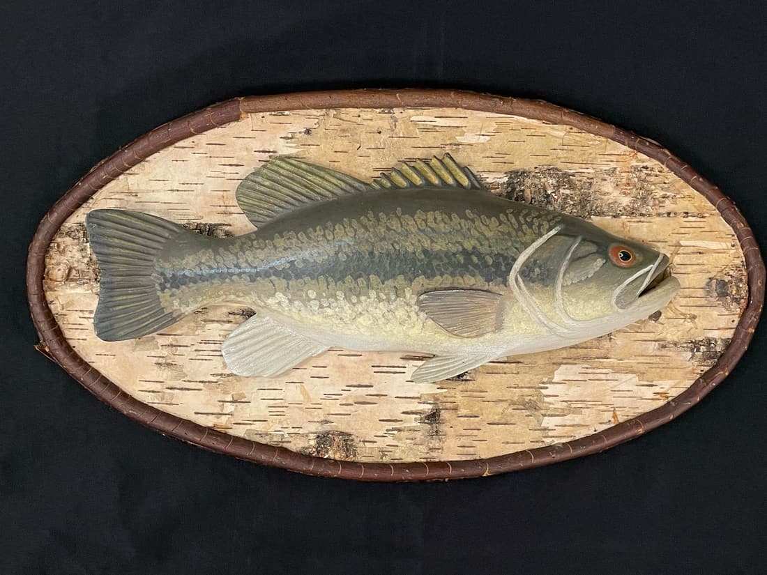 Carved and Painted Bass on Oval Birch Bark Plaque (1 of 3)