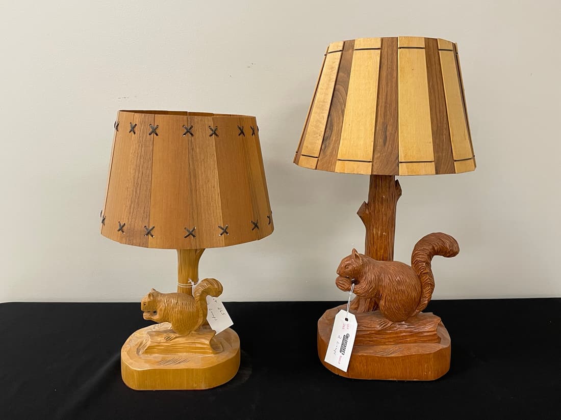 Two C. Dube Hand Carved Wooden Squirrel Lamps (1 of 6)
