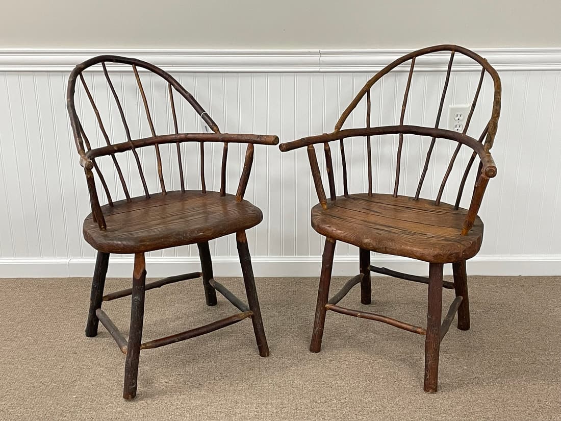 Pair of Rustic Sack Back Windsors: with plank seats, best used for display.