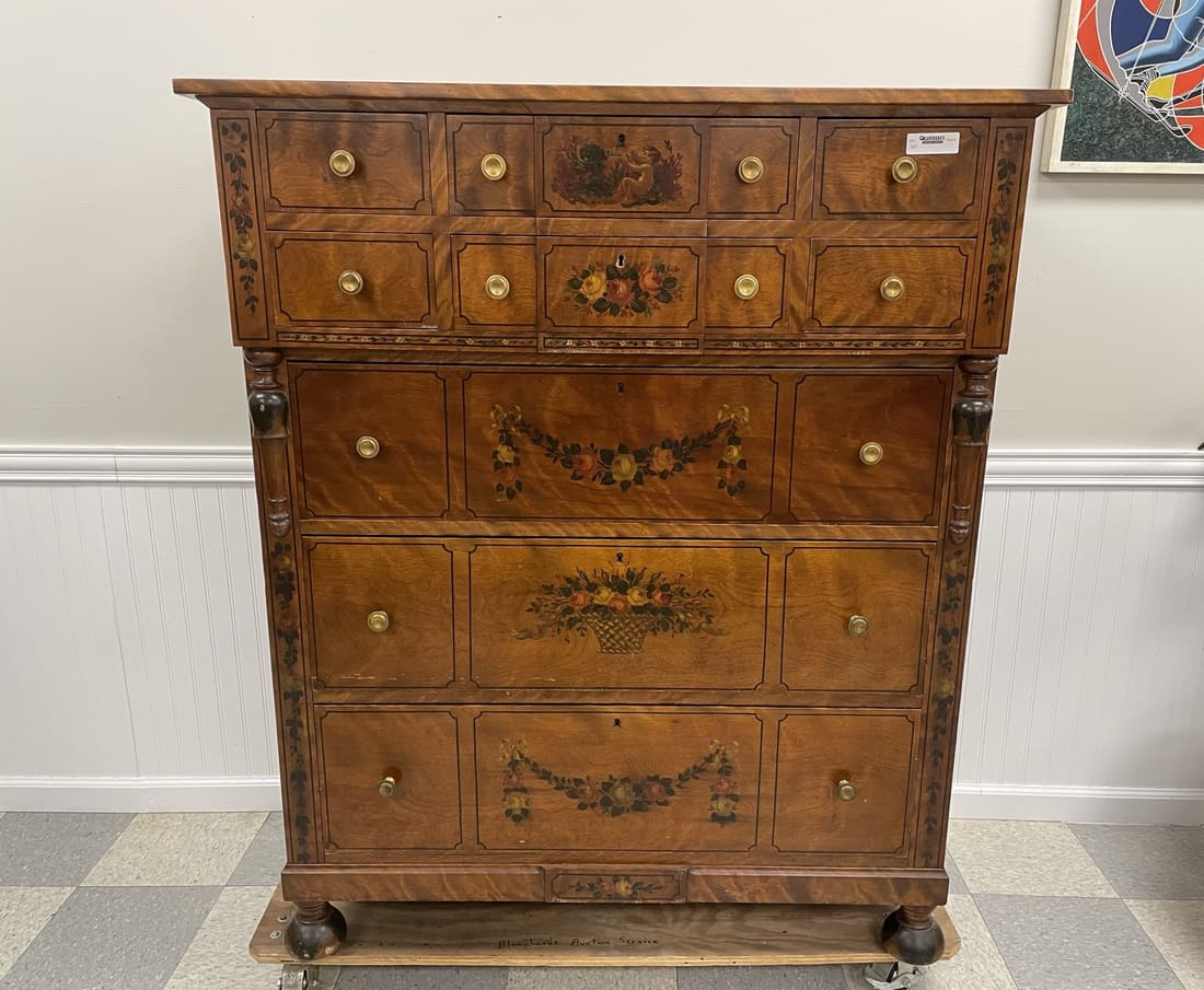 Oversized Birch 9 Drawer Hand Painted Dresser: with bun feet and flaming birch top. 44 1/2" wide x 54" tall x 27" deep