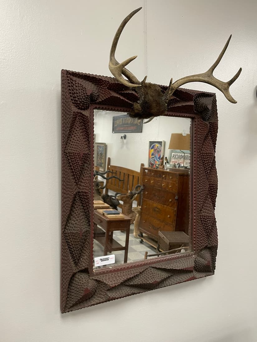 Tramp Art Mirror with Whitetail Antler Crest (1 of 4)