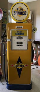 Blue Sunoco Bowser Electric Gas Pump: This pump is from the 1940s and is in excellent restored condition. It was professionally restored in 2006. The globe and the hose have been replaced. The pump stands 76 inches to the top of the