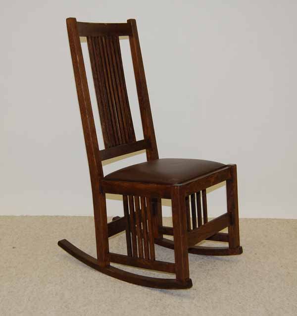 Mission Oak Ladies Rocker: Spindle Back and Sides, Refinished & New Leather. Attributed to Gustav Stickley