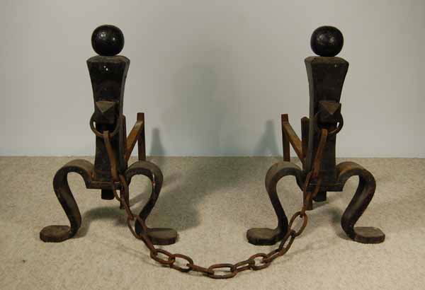 Gustav Stickley (model 88) Wrought Iron Andirons: with original chain. 19 1/2" tall.