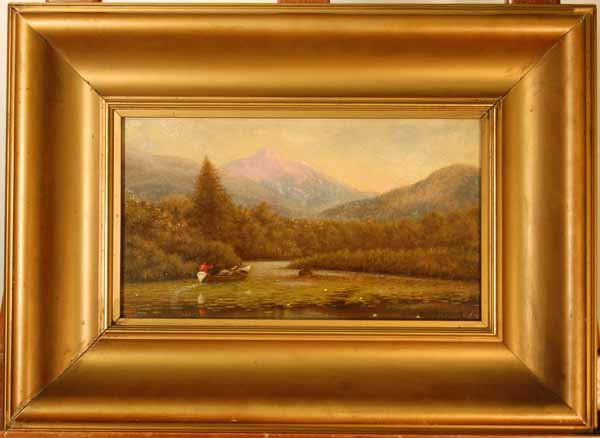 "Haystack Mountain Adirondacks" O/B Painting: Signed SKS. 1891. Overall size 15 1/4" x 21". Sight size 12 3/4" x 7"