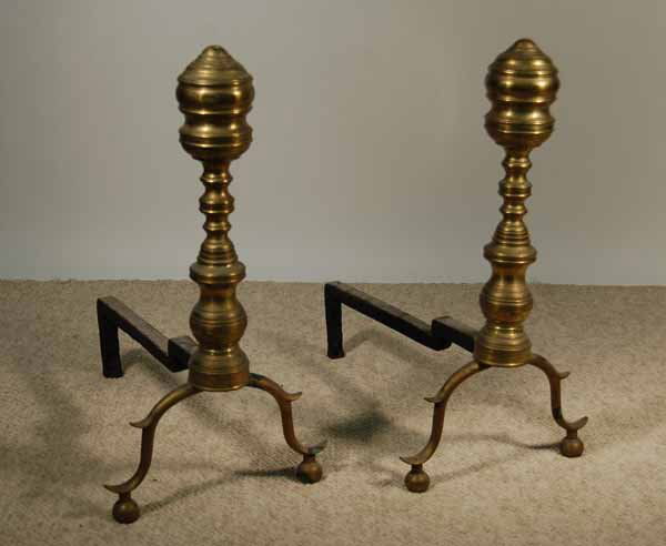 Period Brass Andirons: Chippendale style with ball feet and spurred legs