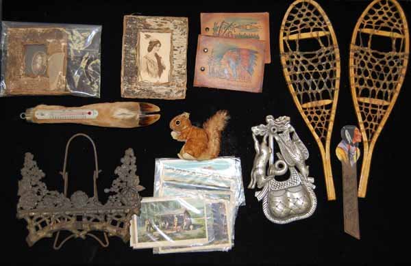 Group of Adirondack Smalls: Adirondack Postcards, Miniature Snowshoes, Sweet Grass and Birch Bark Picture Frames, Adirondack Metal Picture Frame, Deef Hoof Thermometer, Steiff Squirrel, Hanging Game Match Holder
