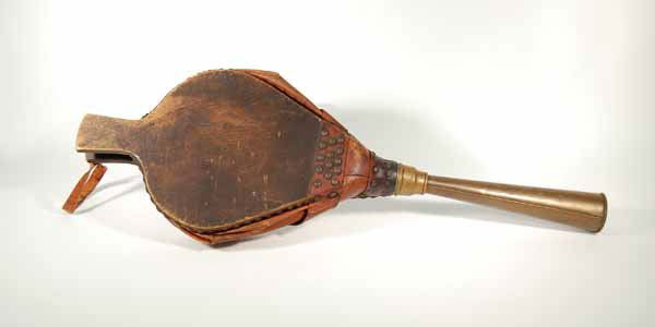 Bellows Steamship Horn Marked Triton: Brass, Leather and Wood. 34" long