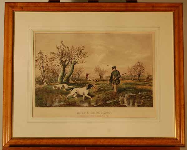 "Snipe Shooting" Currier & Ives Medium Size Folio: Matted and in a birds eye maple frame. Overall size 25 1/4" x 31 1/4". Sight size 14 7/8" x 21'