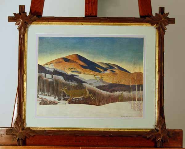 Rockwell Kent Framed & Matted Print of Deer: in a walnut Victorian frame. 22 1/2" x 18 1/4"