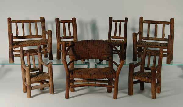 7 Pieces of Miniature Old Hickory Furniture: 3 Settees, 2 Arm Chairs, 2 Side Chairs