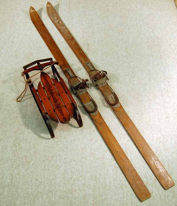 Wooden Skiis and a Decorative Runner Sled: Wooden Skiis and a Decorative Runner Sled