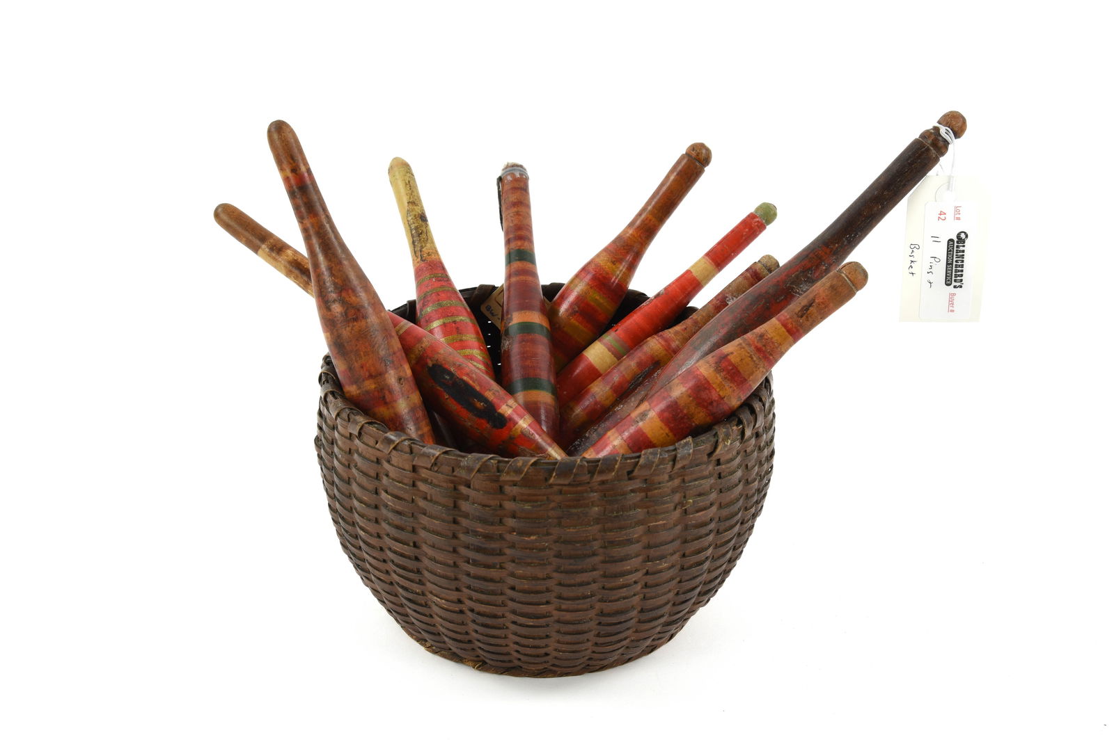 11 Painted Wooden Weaver's Pins & Basket (1 of 1)