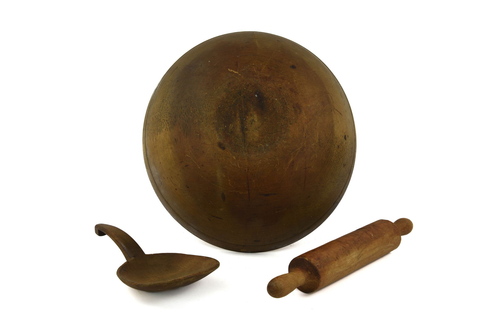 Wooden Mixing Bowl, Butter Scoop & Rolling Pin: country kitchen collectibles. wooden bowl is 15 inches in diameter.