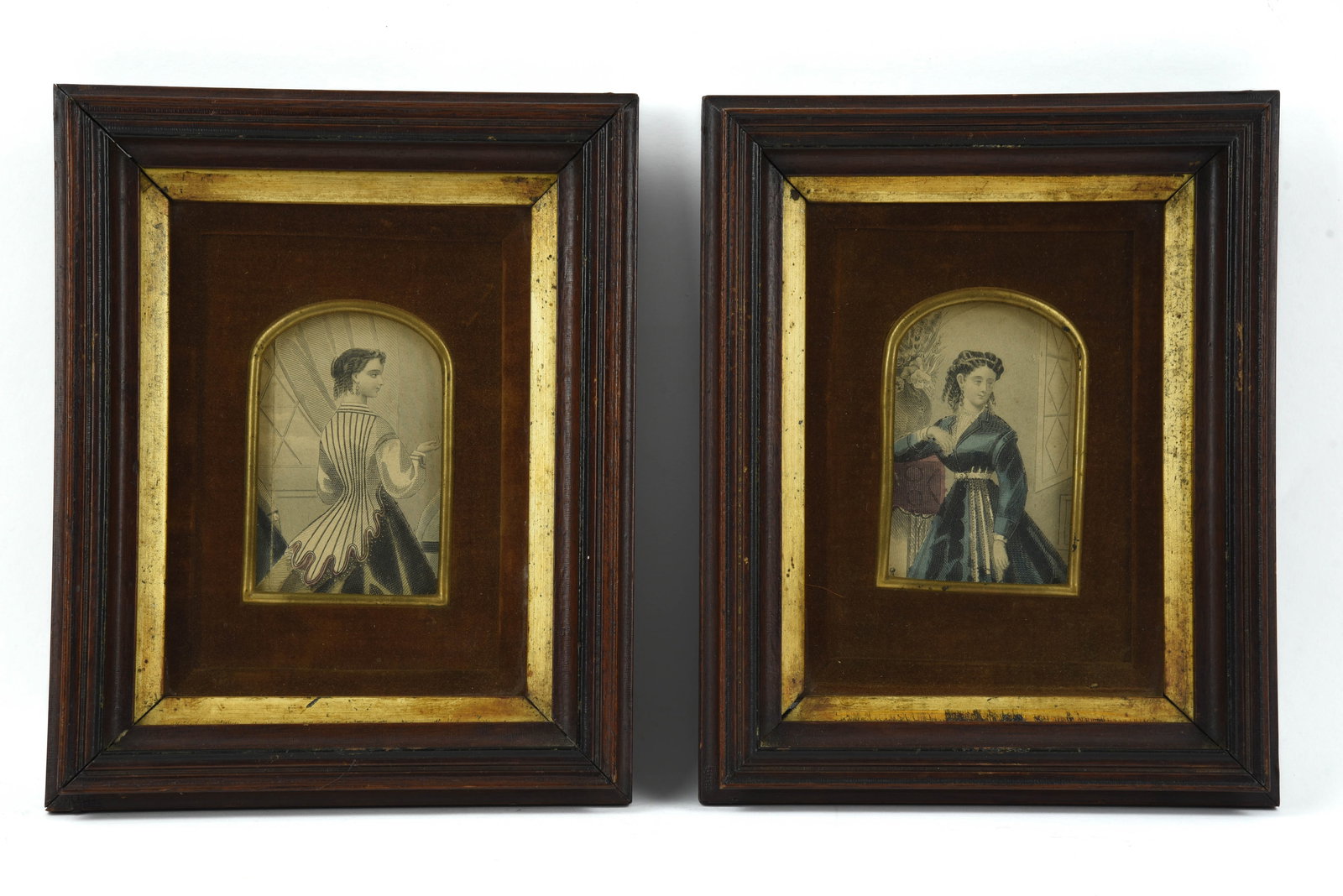Pair of Matched Frame Female Figures: lithographs from the mid 1800s in walnut shadow box frames. 7" x 9". Both in good condition.