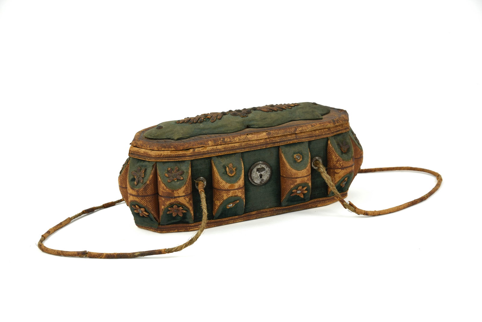 Early Sewing Basket Made of Leather and Velvet: good condition with years of wear. Unique form. 10" long x 4" tall. with removable lid.