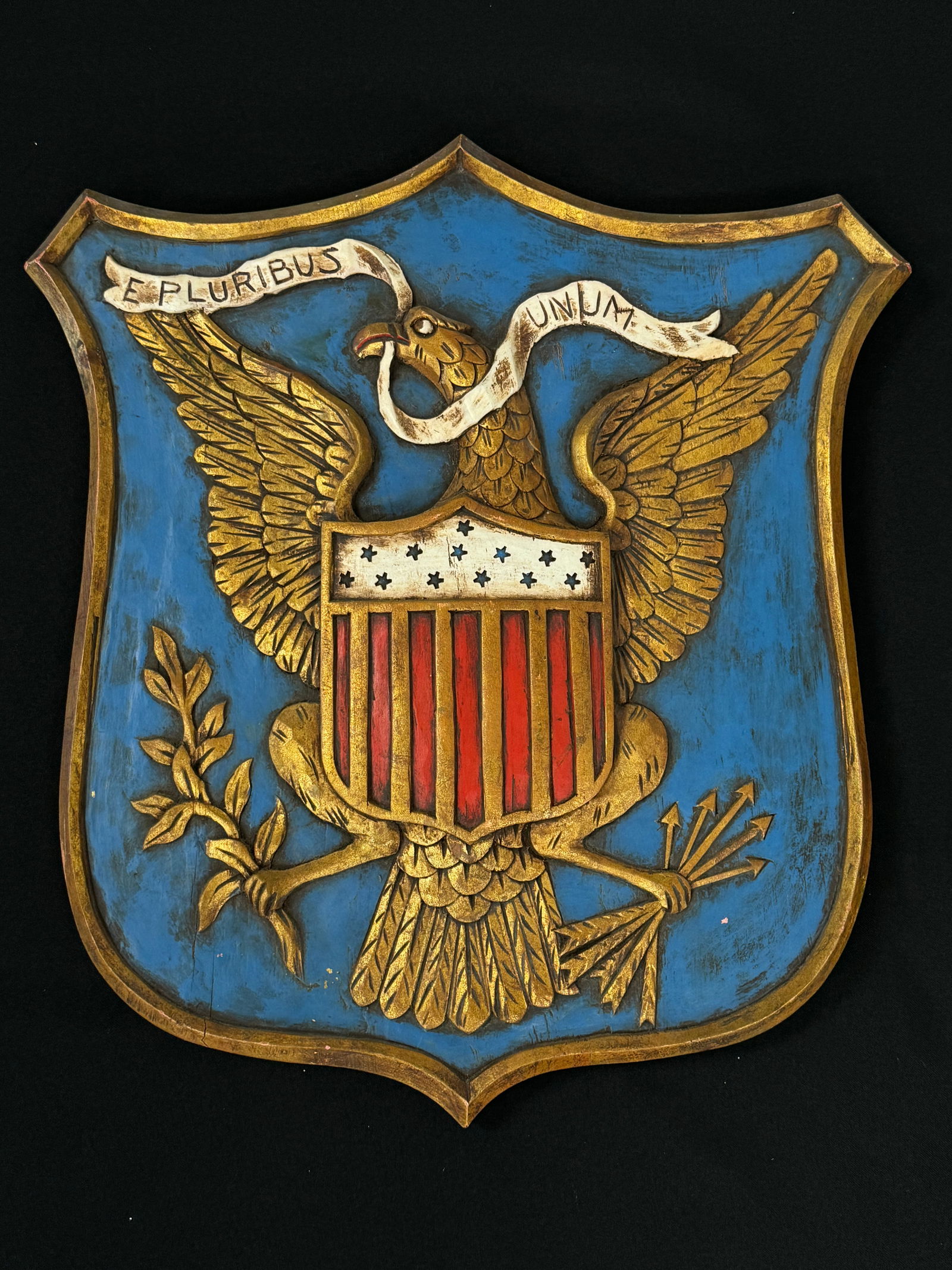 Carved And Painted Wooden Shield-Form Plaque (1 of 3)