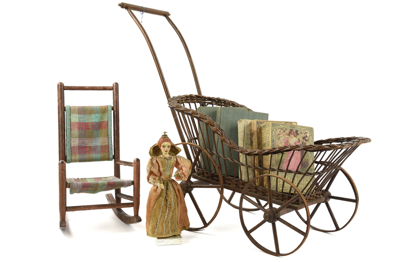 Vintage Wicker Stroller, Doll Rocker, Books, Queen (1 of 1)