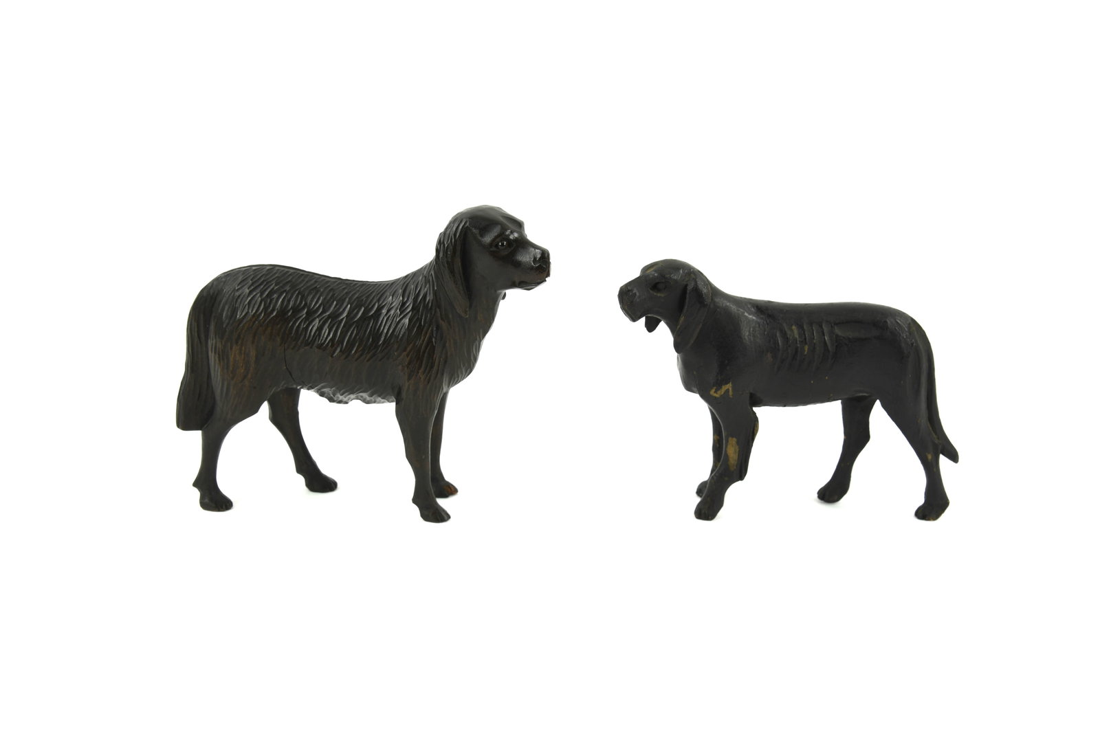 2 Black Forest Wooden Carved Dogs: tallest is 5 1/2" with glass eyes.