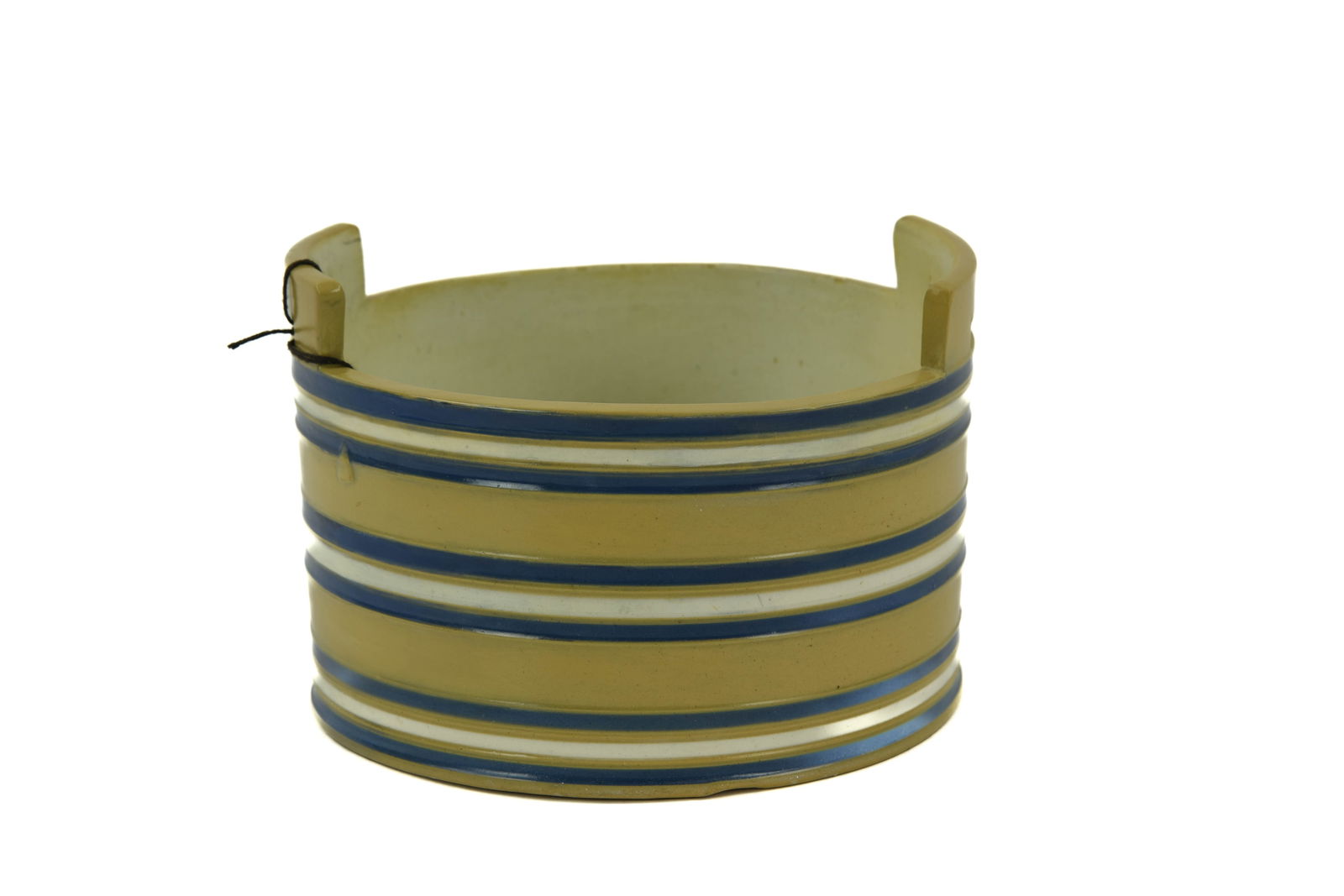 Blue and White Banded Keeler Yelloware Crock: 7" diameter, 4 3/4" tall.