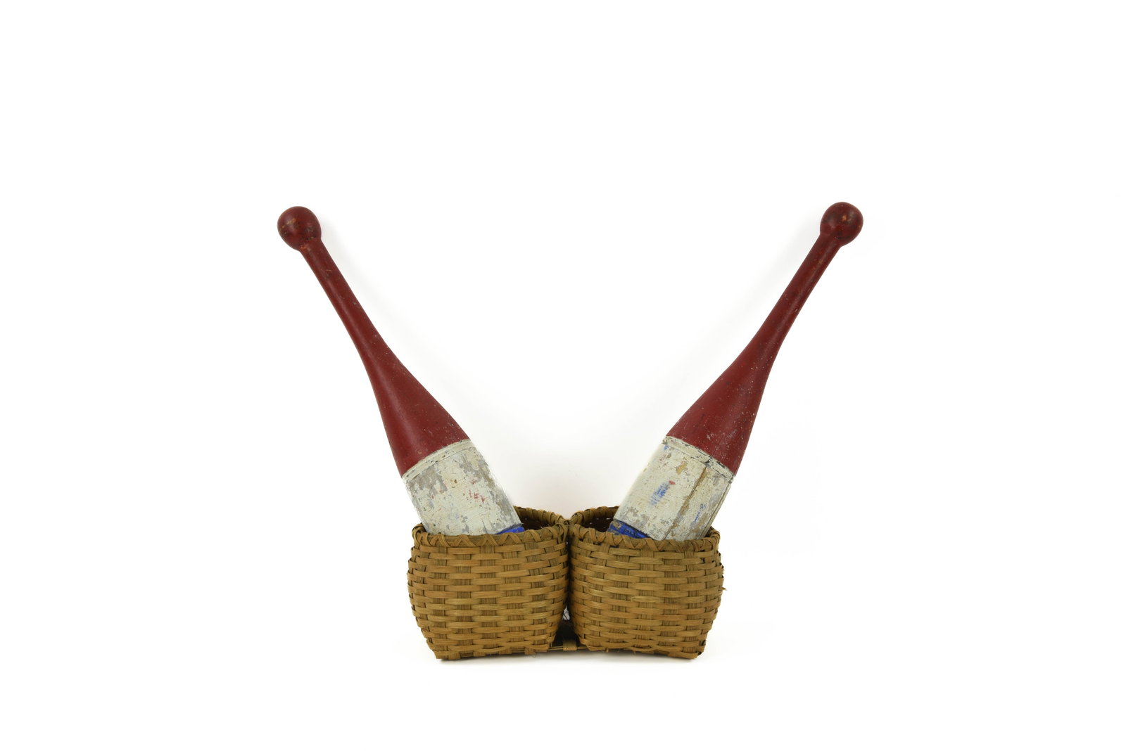 Patriotic Painted Indian Clubs & Double Basket: with worn paint. 18 1/2" long. Comes with a unique ash splint double basket. 40