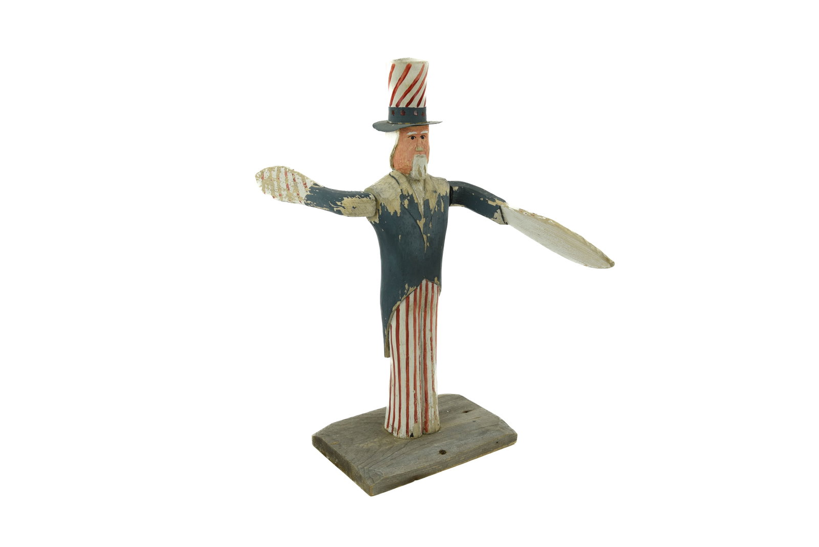 Uncle Sam Folk Art Wooden Carved Whirly Gig: early to mid 20th century. 19 1/2" tall. Some flaking paint.