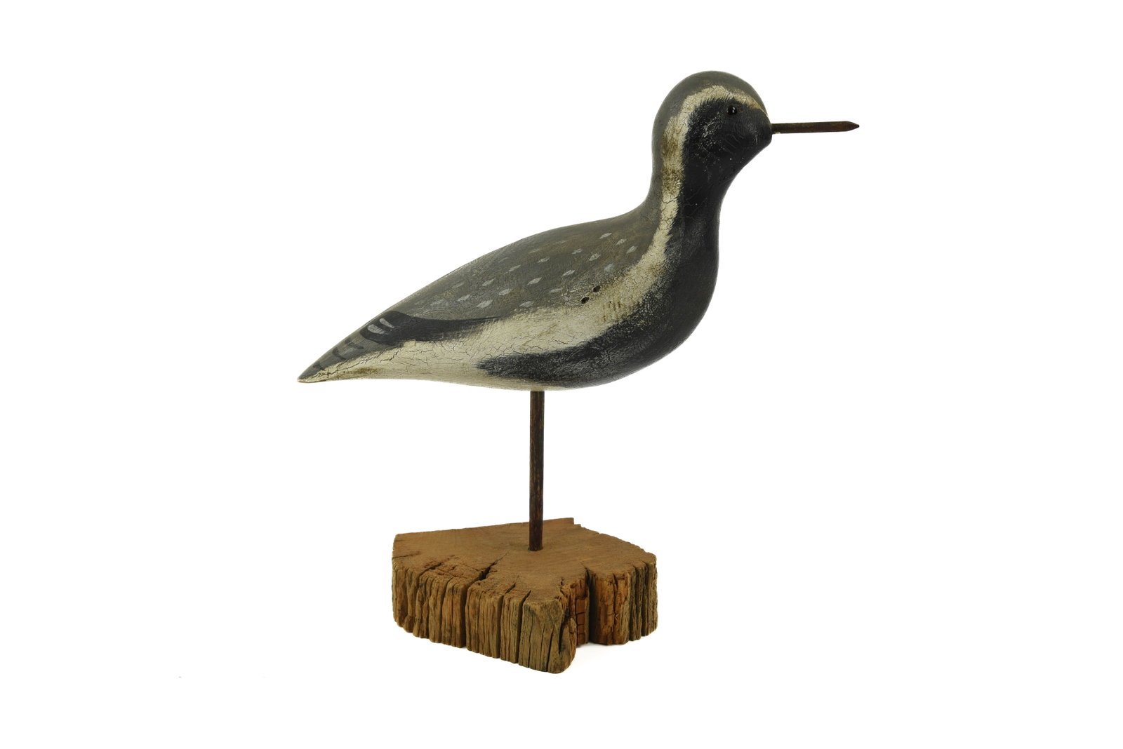 Black Belly Plover Shorebird - Mason Decoy Factory: Circa 1910. Bottom of bird marked John A. Nelson 1983. We believe this bird may have been repainted by him at that time. 10" tall, glass eyes, metal beak, good condition.